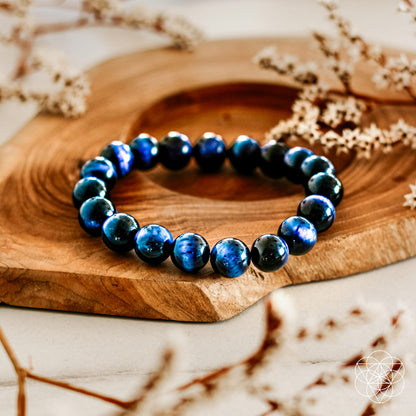 Blue Tiger Eye Bracelet Conscious Items for protection and energy on wood display on Tampa Home & Garden Store