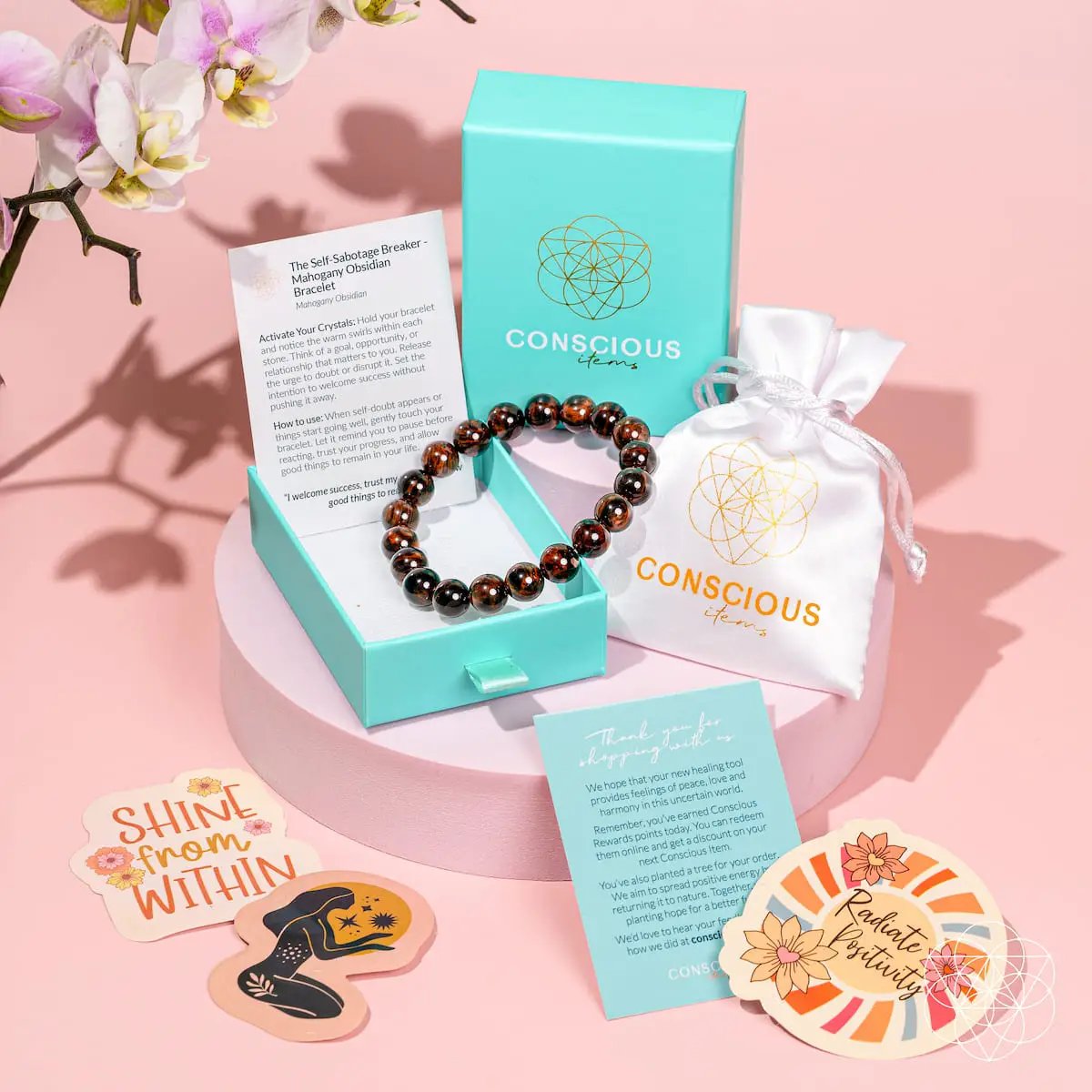 Bracelet Self-Sabotage Breaker - Mahogany Obsidian beaded Conscious Items turquoise box on Tampa Home & Garden Store