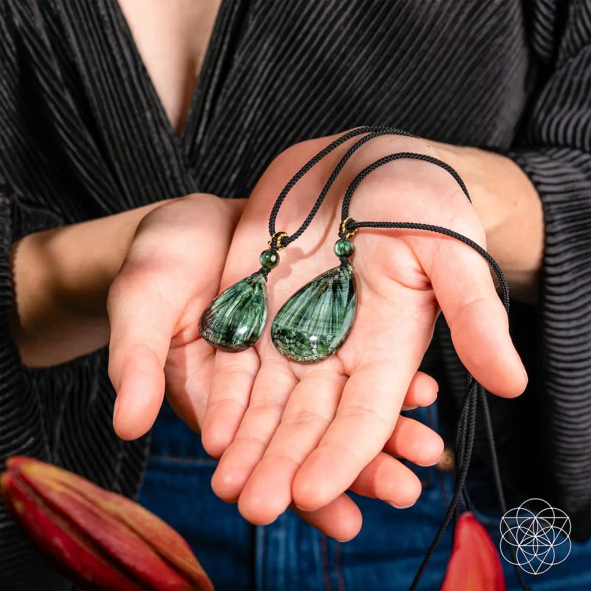 Angel by My Side seraphinite pendant necklace, two green teardrops on black cord Conscious Items on Tampa Home & Garden Store