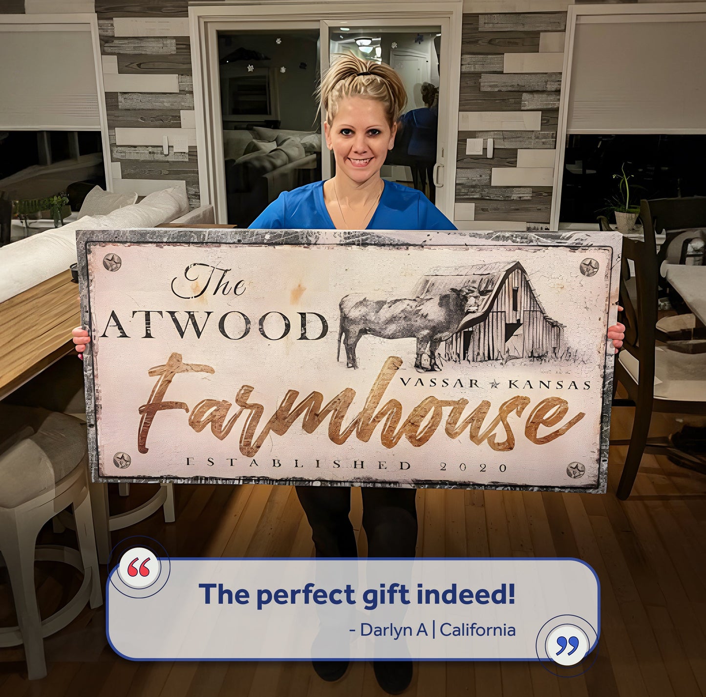 Rustic Farmhouse Sign V canvas by Tailored Canvases; crafting canvas held by a person on Tampa Home & Garden Store