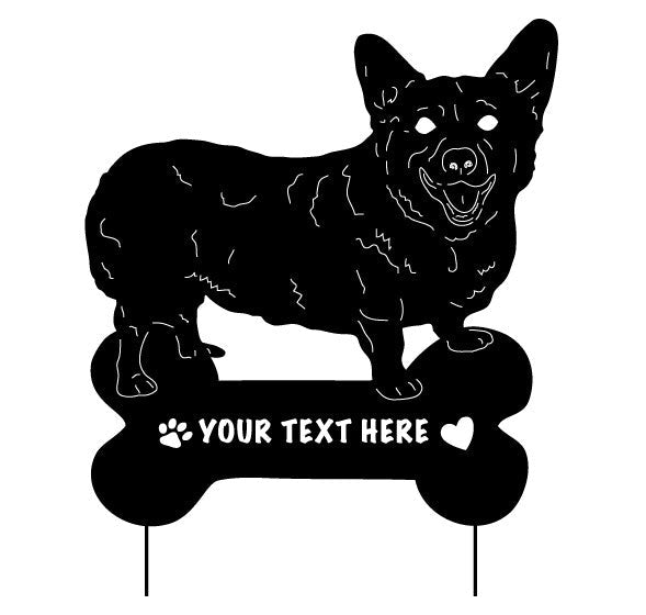 Corgi Welsh Garden Stake black silhouette on a bone-shaped base with customizable text on lawn ornament on Tampa Home & Garden Store