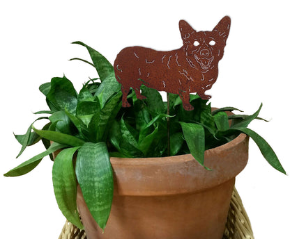 Corgi plant stake in rust metal finish atop a terracotta pot with green foliage on Tampa Home & Garden Store