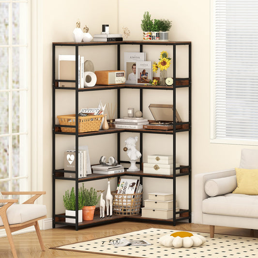Corner Bookshelf 5-Tier L-Shaped Bookcase Etagere Bookshelf with Metal Frame-Rustic Brown - Tampa Home & Garden Store