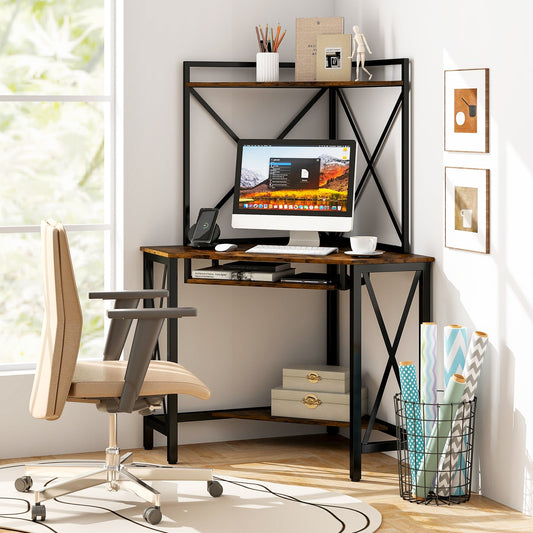 Space-Saving Corner Computer Desk with with Hutch and Keyboard Tray-Rust Brown - Tampa Home & Garden Store