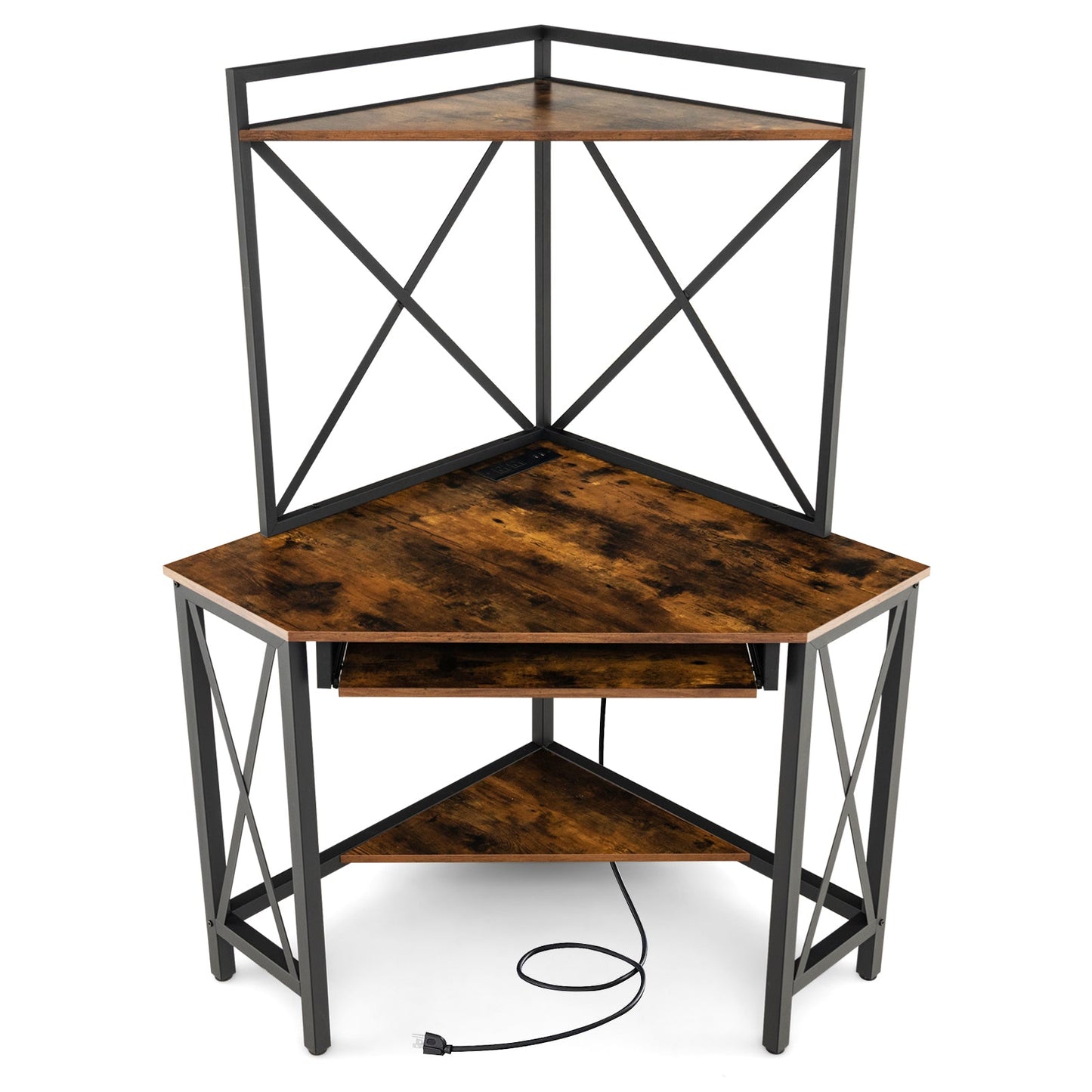 Space-Saving Corner Computer Desk with with Hutch and Keyboard Tray-Rust Brown