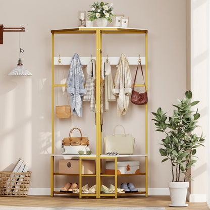 Corner Hall Tree Freestanding Coat Rack with Storage Shelves Removable Hooks