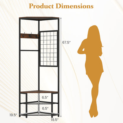 Corner Hall Tree Freestanding Coat Rack with Storage Shelves Removable Hooks