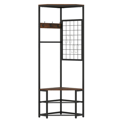 Corner Hall Tree Freestanding Coat Rack with Storage Shelves Removable Hooks