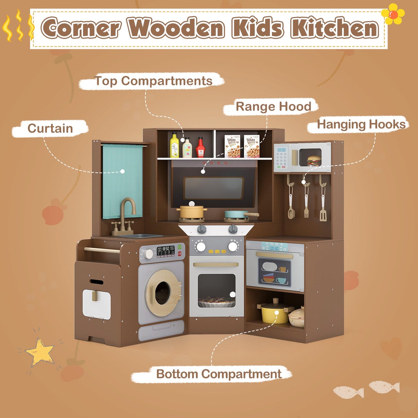 Corner Kitchen Toys with Lights and Sounds with Pull-out Trash Can and Stoves