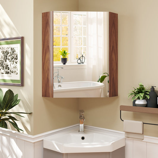 Corner Medicine Cabinet with Mirror with Open Mirror Door and Adjustable Shelf-Brown - Tampa Home & Garden Store