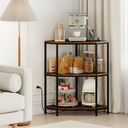 Corner Printer Stand 3-Tier Corner Shelf with Charging Station and Metal Frame-Rustic Brown - Tampa Home & Garden Store