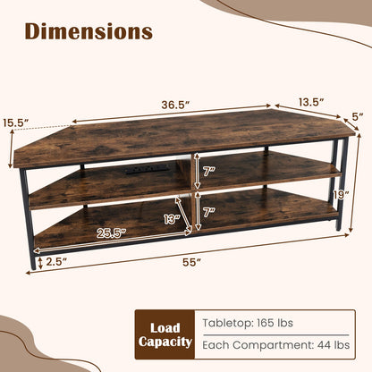 3-Tier Corner TV Stand for TVs up to 65 Inches with Charging Station