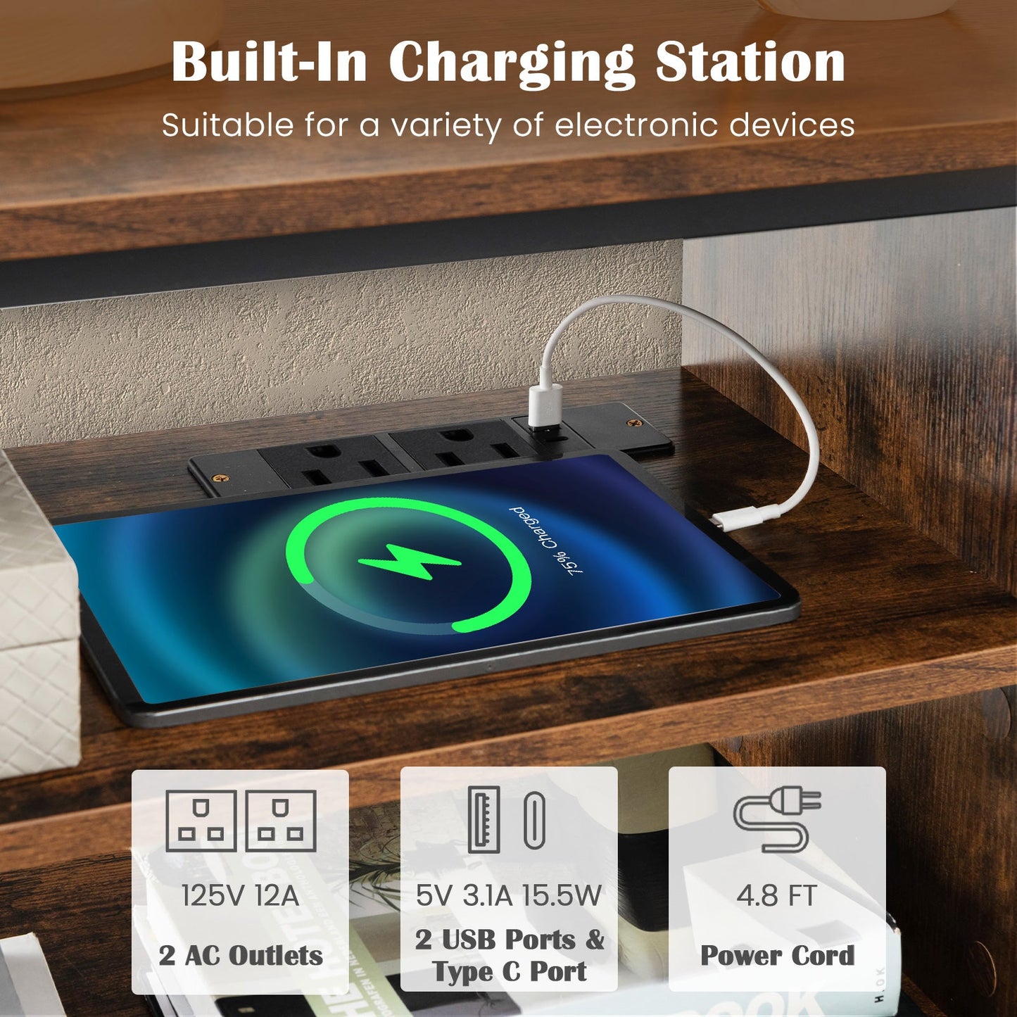 3-Tier Corner TV Stand for TVs up to 65 Inches with Charging Station