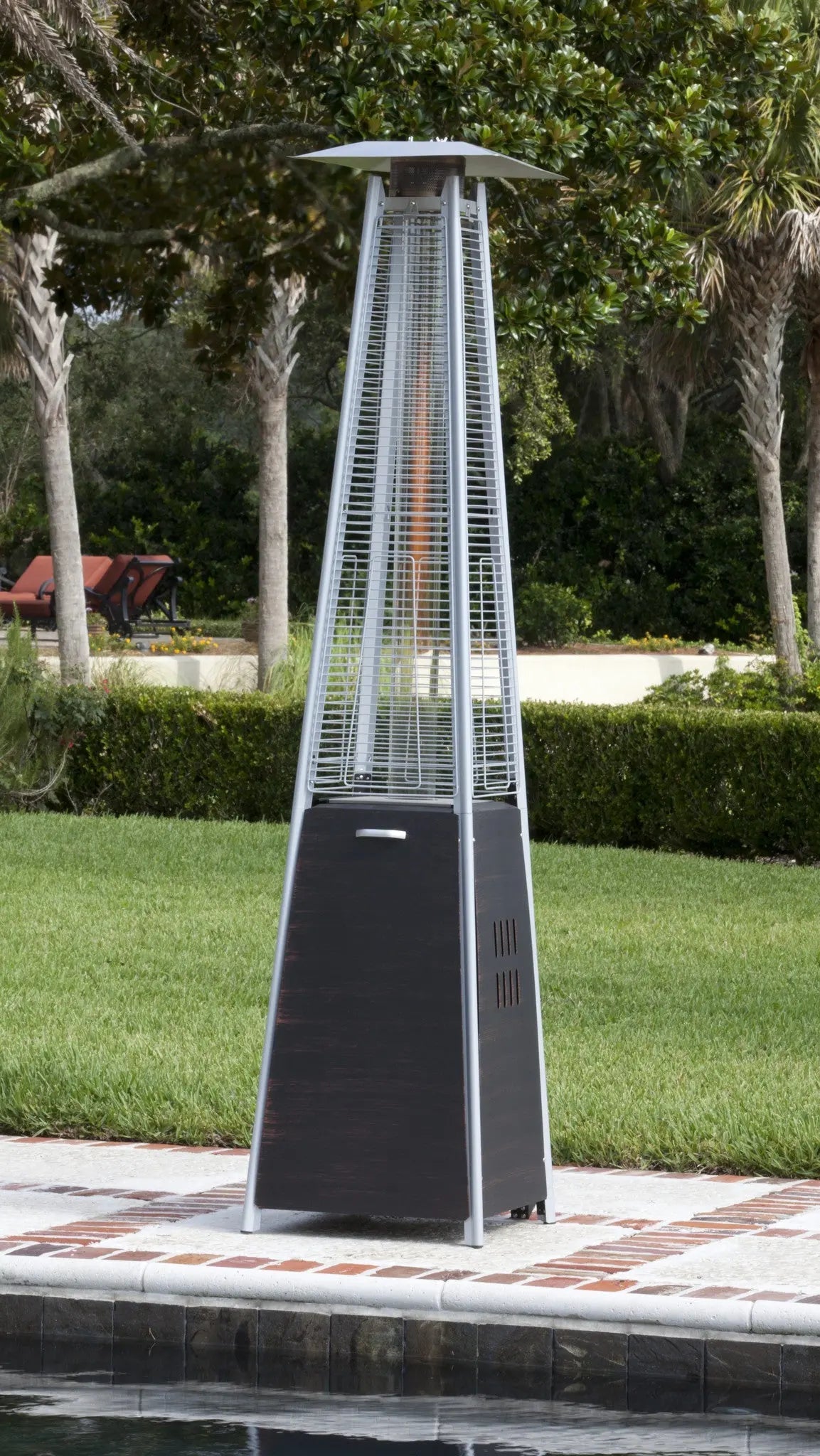 Coronado Brushed Bronze Pyramid Flame Patio Heater, tall gas outdoor heater on Tampa Home & Garden Store
