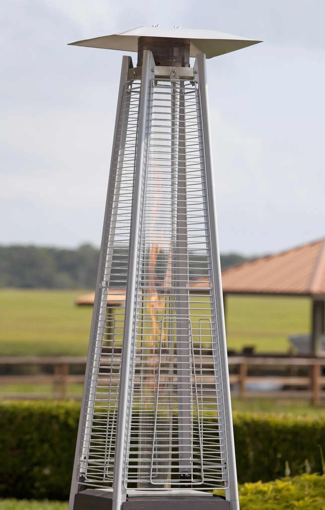 Coronado Brushed Bronze Pyramid Flame Patio Heater, gas heater with tall cage Fire Sense on Tampa Home & Garden Store