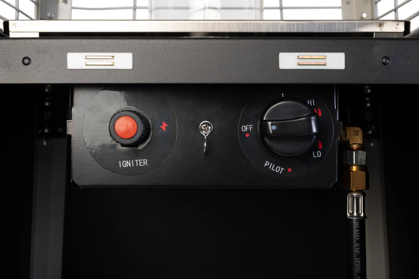 Coronado Brushed Bronze Pyramid Flame Gas Patio Heater control panel with IGNITER knob on Tampa Home & Garden Store