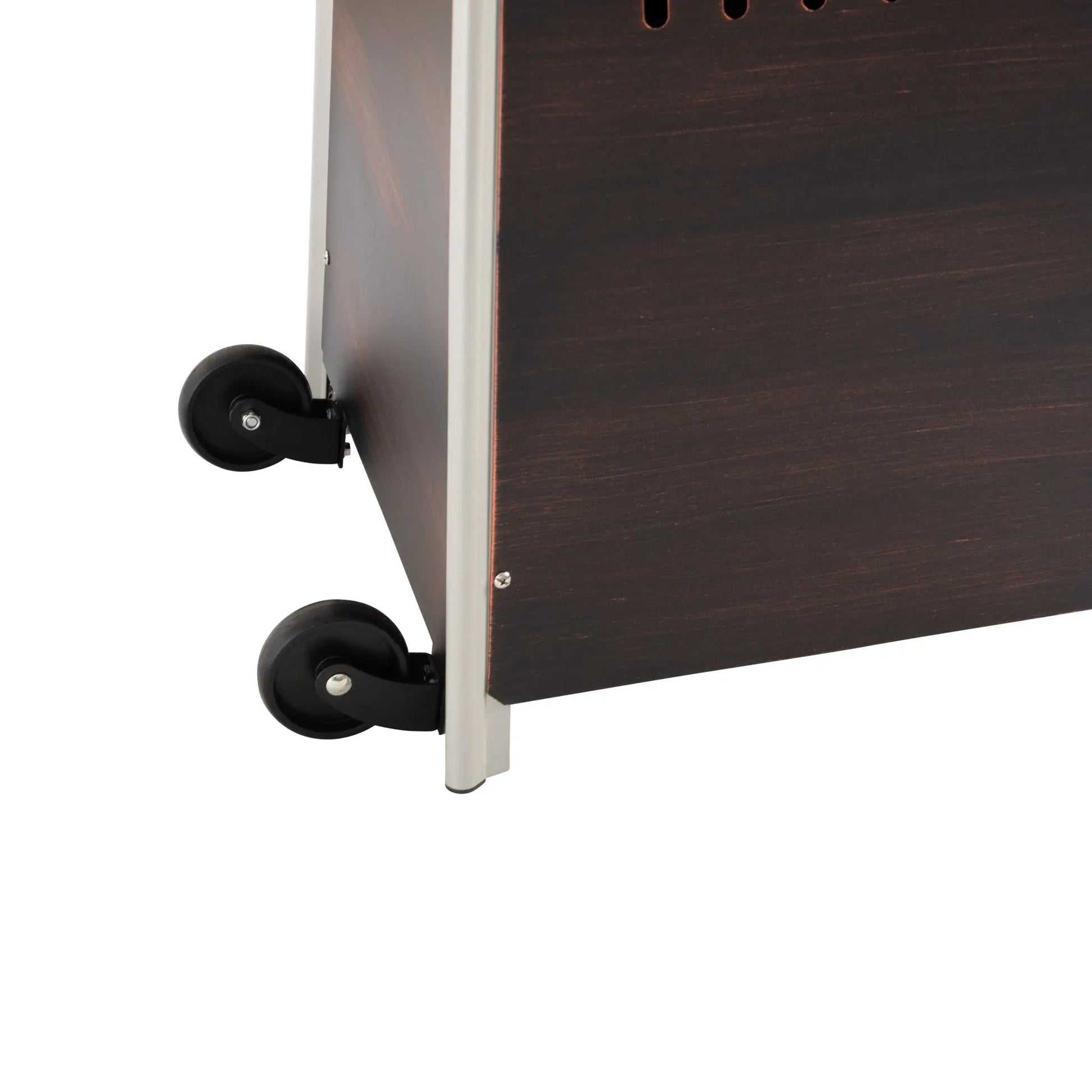Coronado Brushed Bronze Pyramid Flame Patio Heater base with three black caster wheels on Tampa Home & Garden Store