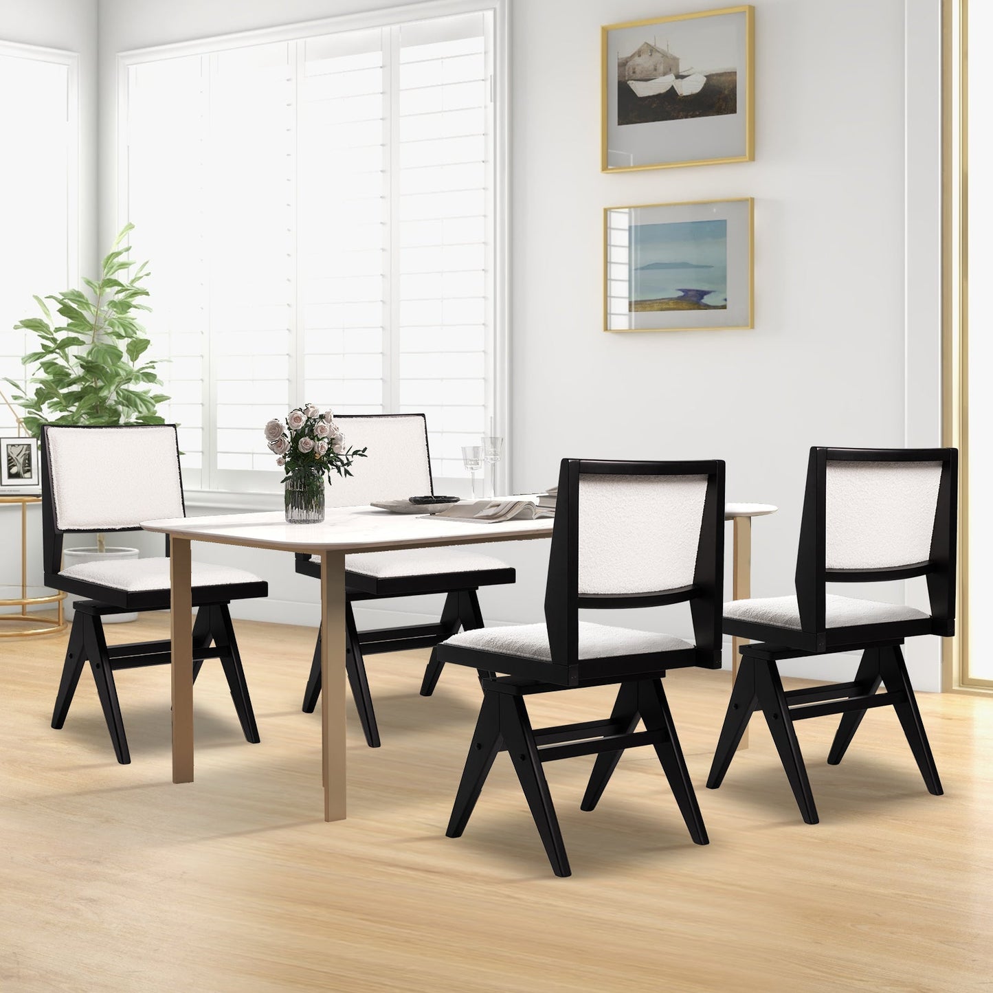 Juego de 2 sillas de comedor de madera giratorias con estructura de madera de caucho y asiento acolchado - Negro