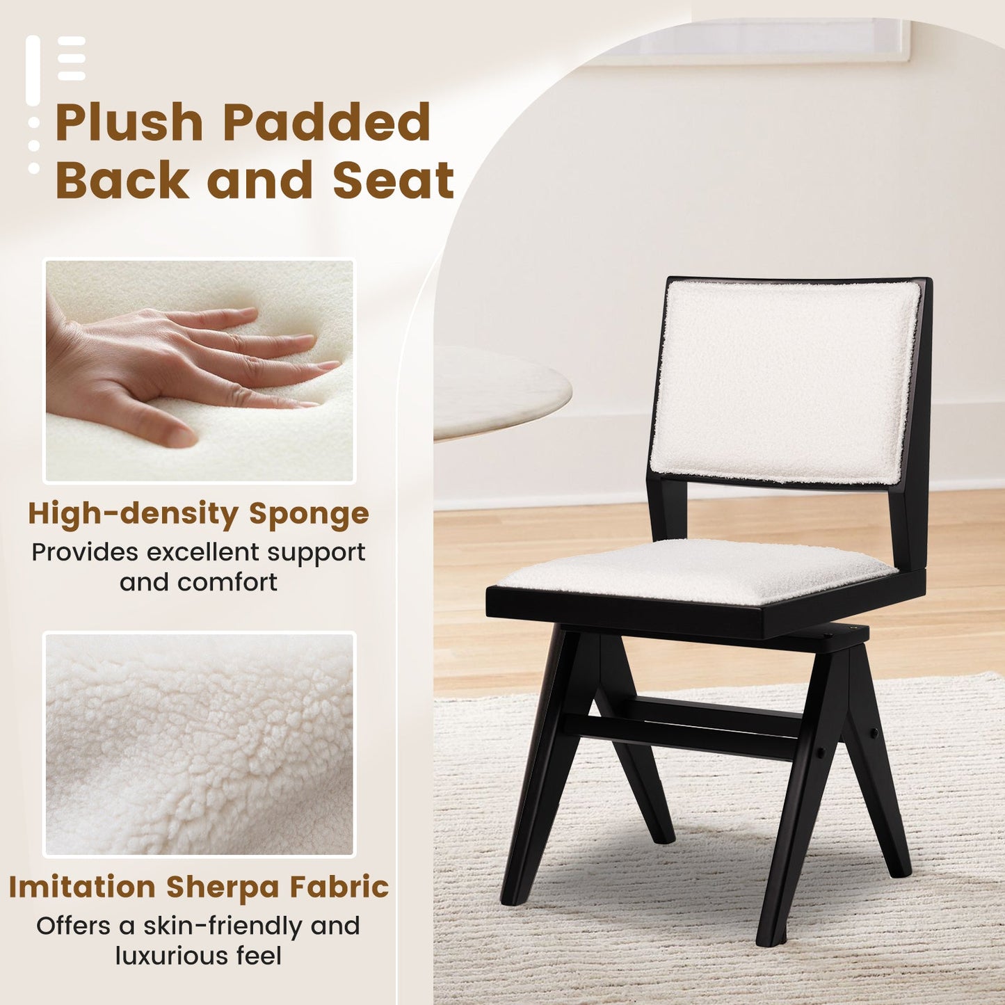 Juego de 2 sillas de comedor de madera giratorias con estructura de madera de caucho y asiento acolchado - Negro