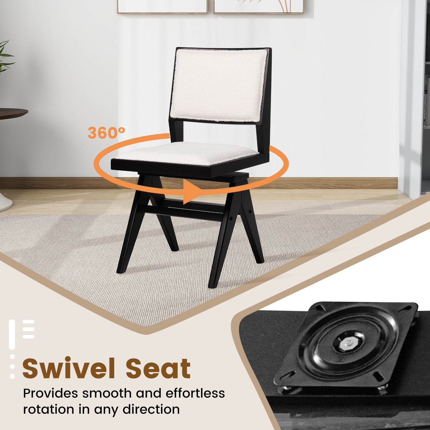 Juego de 2 sillas de comedor de madera giratorias con estructura de madera de caucho y asiento acolchado - Negro