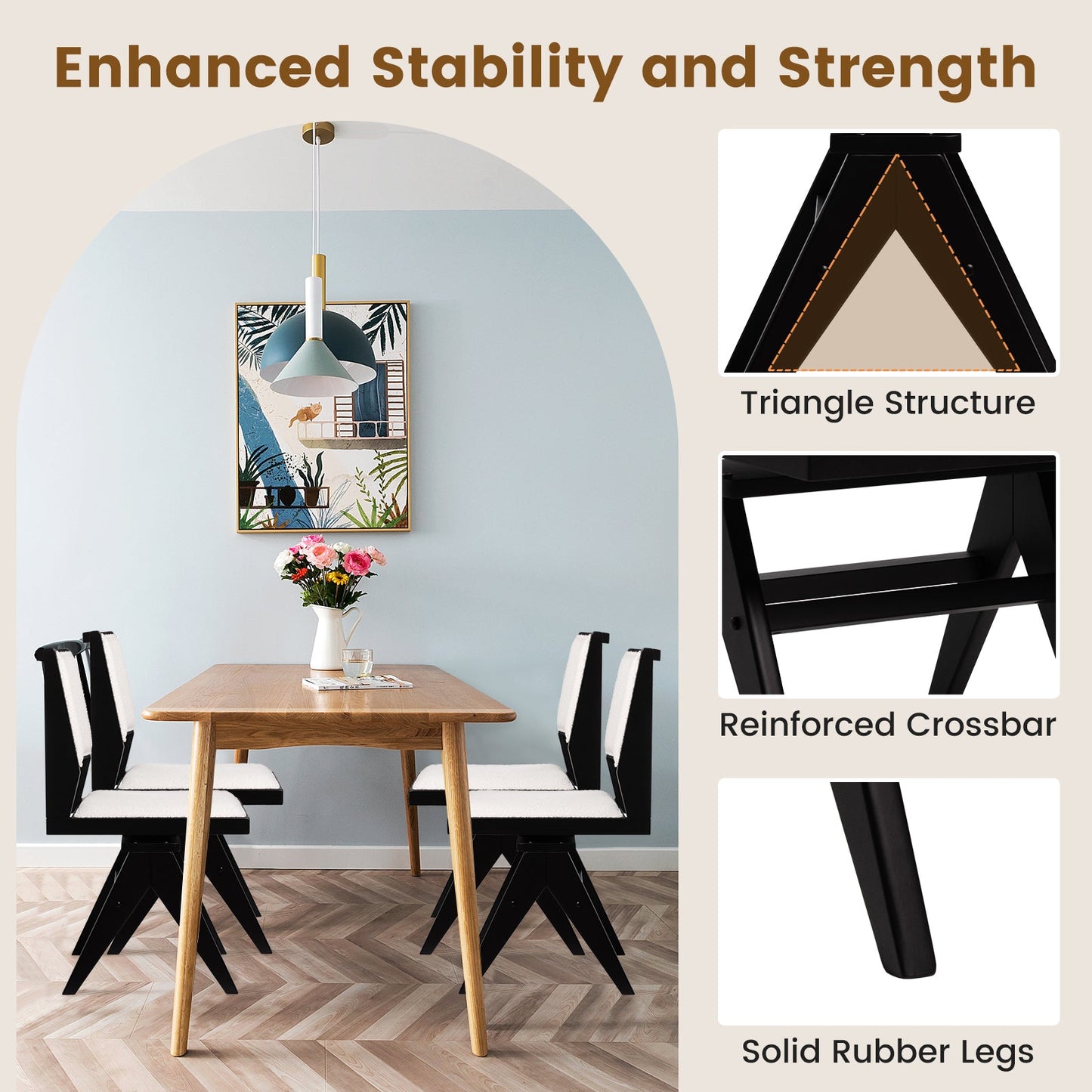 Juego de 2 sillas de comedor de madera giratorias con estructura de madera de caucho y asiento acolchado - Negro