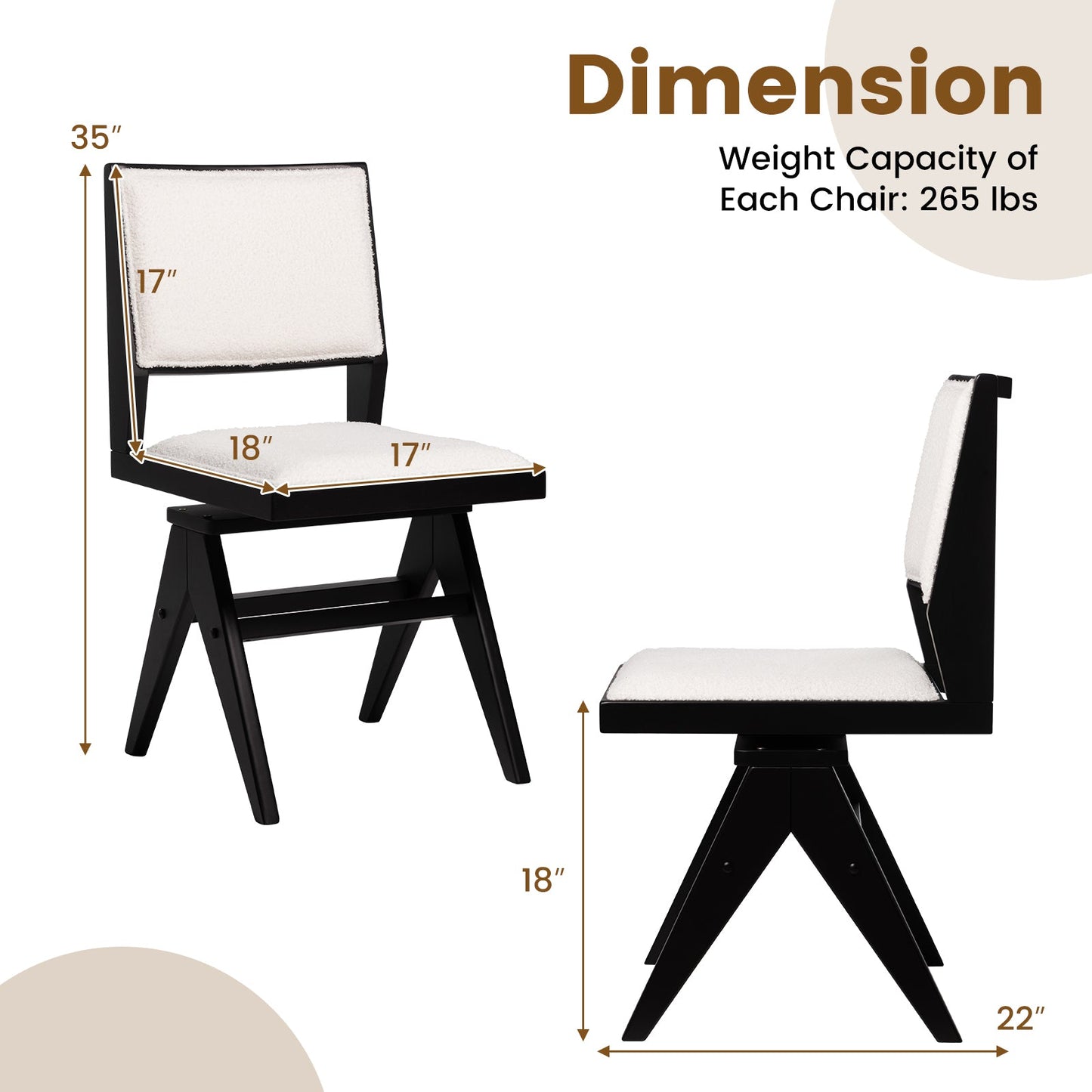 Juego de 2 sillas de comedor de madera giratorias con estructura de madera de caucho y asiento acolchado - Negro