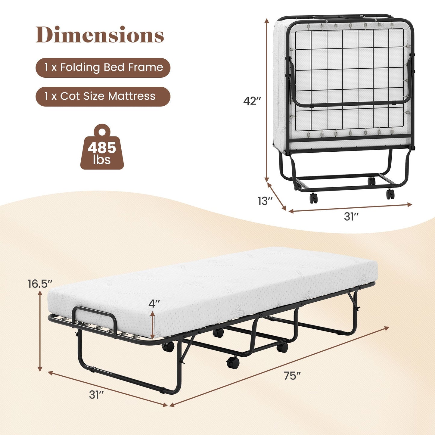 Cama Plegable de Tamaño Cuna con Colchón de Espuma Viscoelástica y Marco de Metal