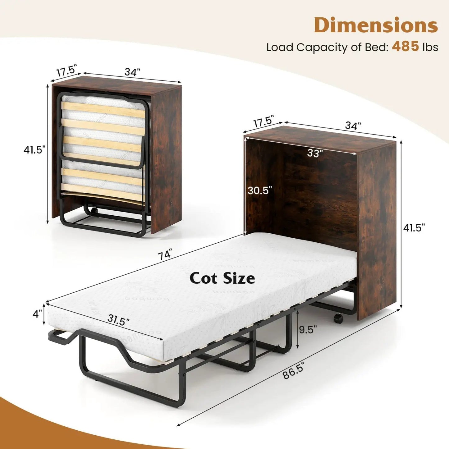 Movable Murphy Bed with Wheels Foldable Cot with Mattress