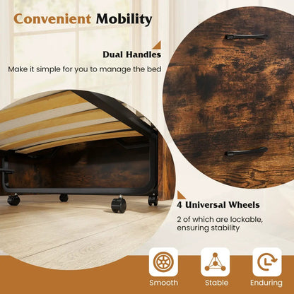 Movable Murphy Bed with Wheels Foldable Cot with Mattress