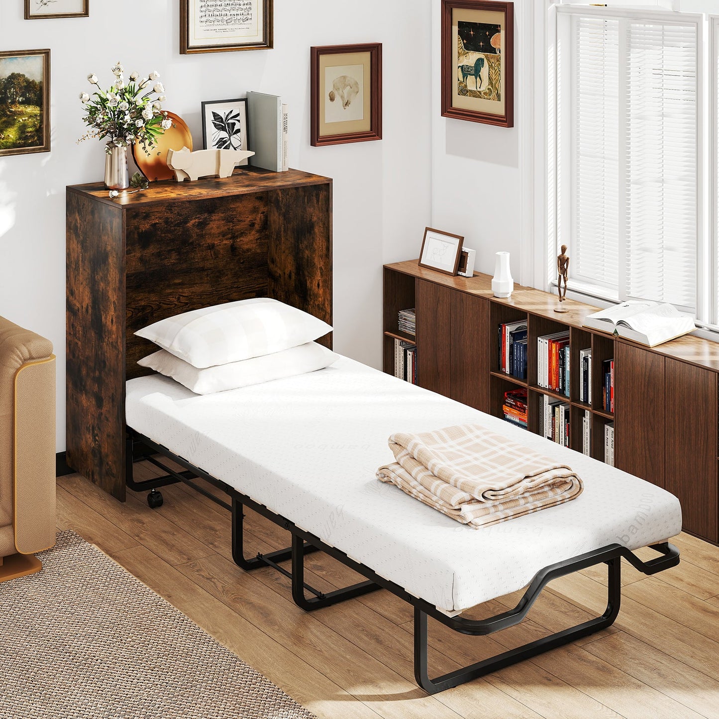 Cama Murphy individual con cama plegable y ruedas bloqueables - Marrón rústico