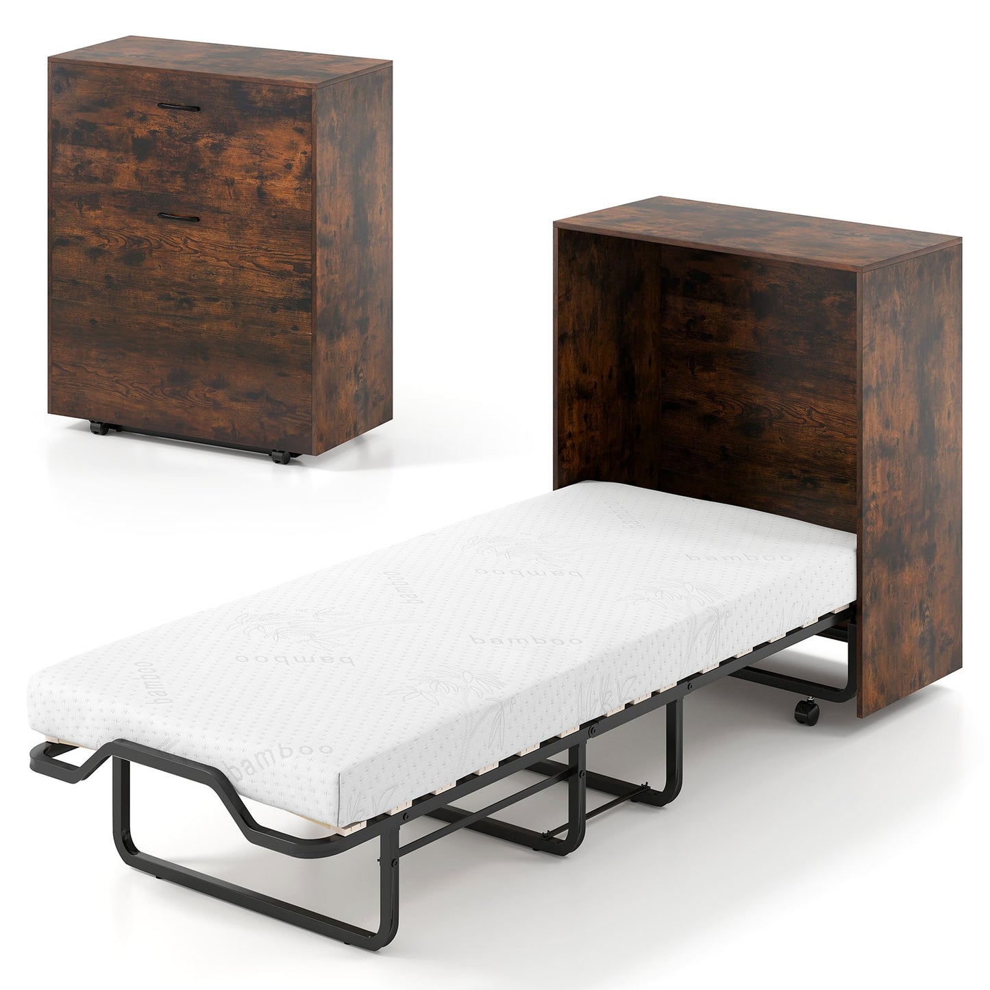 Cama Murphy individual con cama plegable y ruedas bloqueables - Marrón rústico