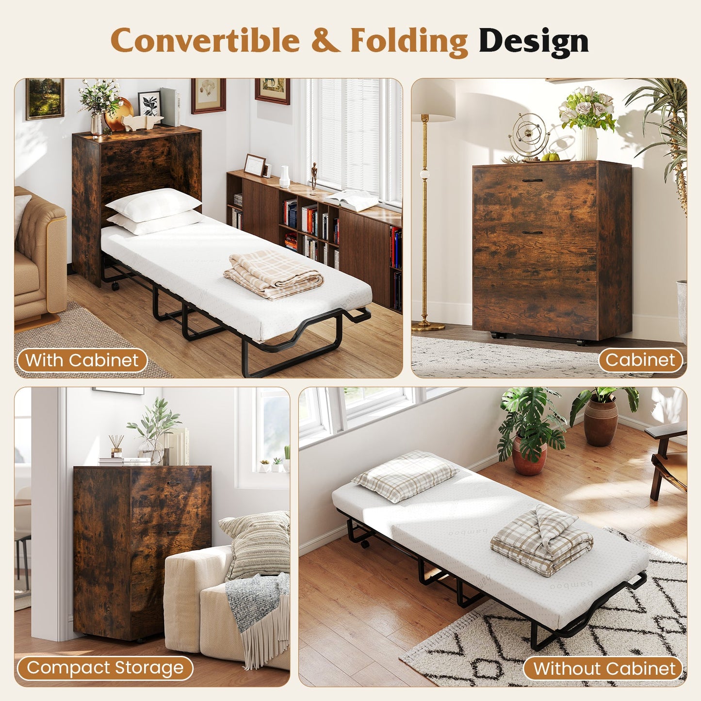 Cama Murphy individual con cama plegable y ruedas bloqueables - Marrón rústico
