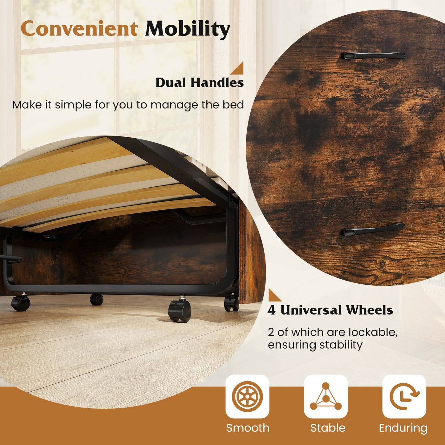 Cama Murphy individual con cama plegable y ruedas bloqueables - Marrón rústico