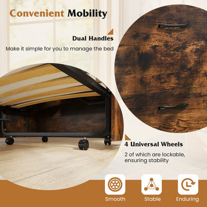 Cama Murphy individual con cama plegable y ruedas bloqueables - Marrón rústico