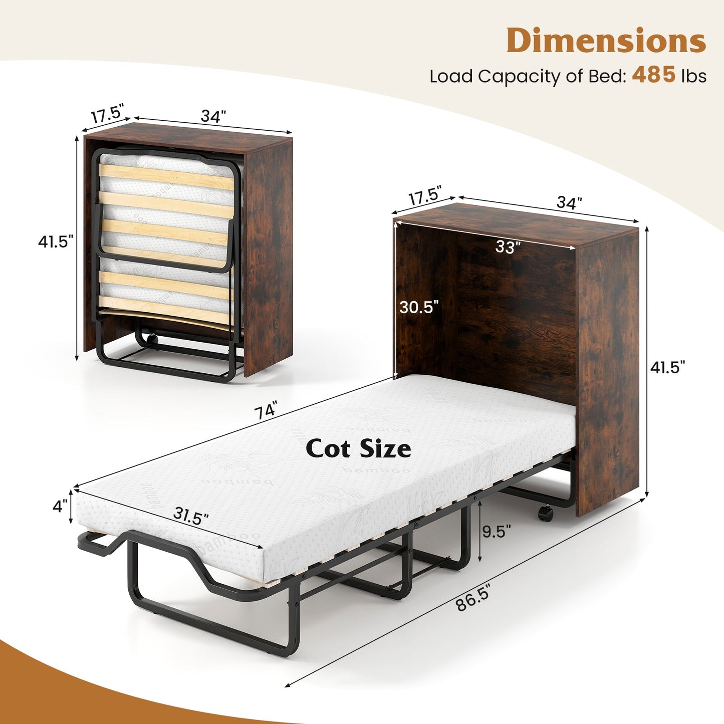 Cama Murphy individual con cama plegable y ruedas bloqueables - Marrón rústico