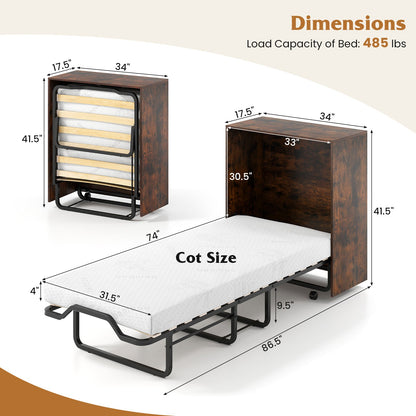 Cama Murphy individual con cama plegable y ruedas bloqueables - Marrón rústico