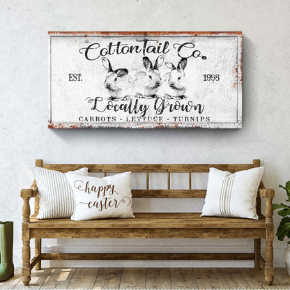 Vintage Cottontail Co Easter Sign III canvas with three bunnies and distressed rusted edges on Tampa Home & Garden Store