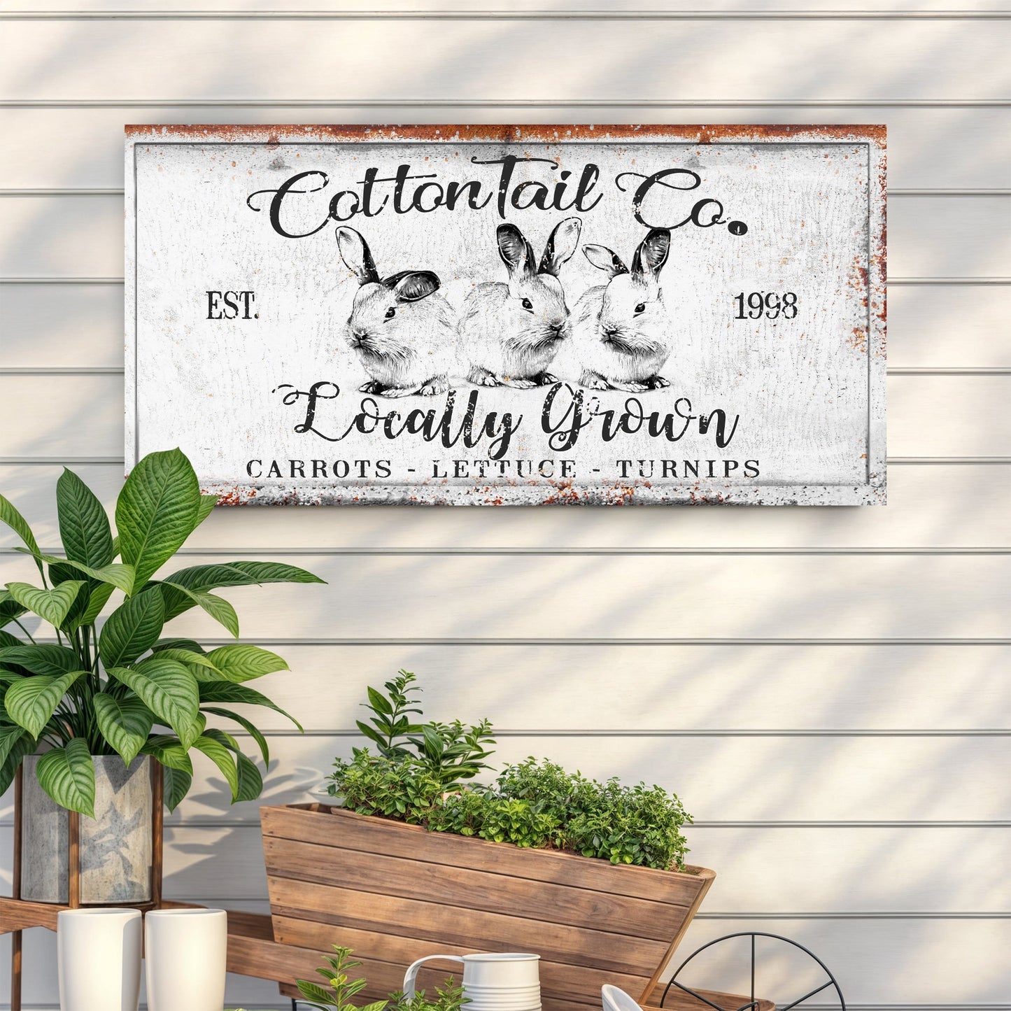 Vintage Cottontail Co Easter Sign III canvas crafting sign with rabbits, rustic white frame on Tampa Home & Garden Store
