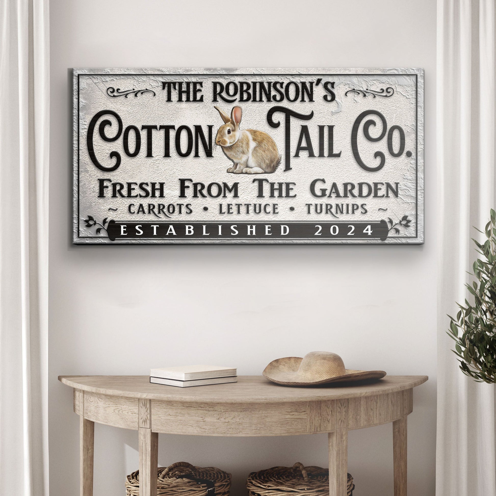 Vintage Cottontail Co Easter Sign canvas with rabbit illustration and ornate lettering on Tampa Home & Garden Store
