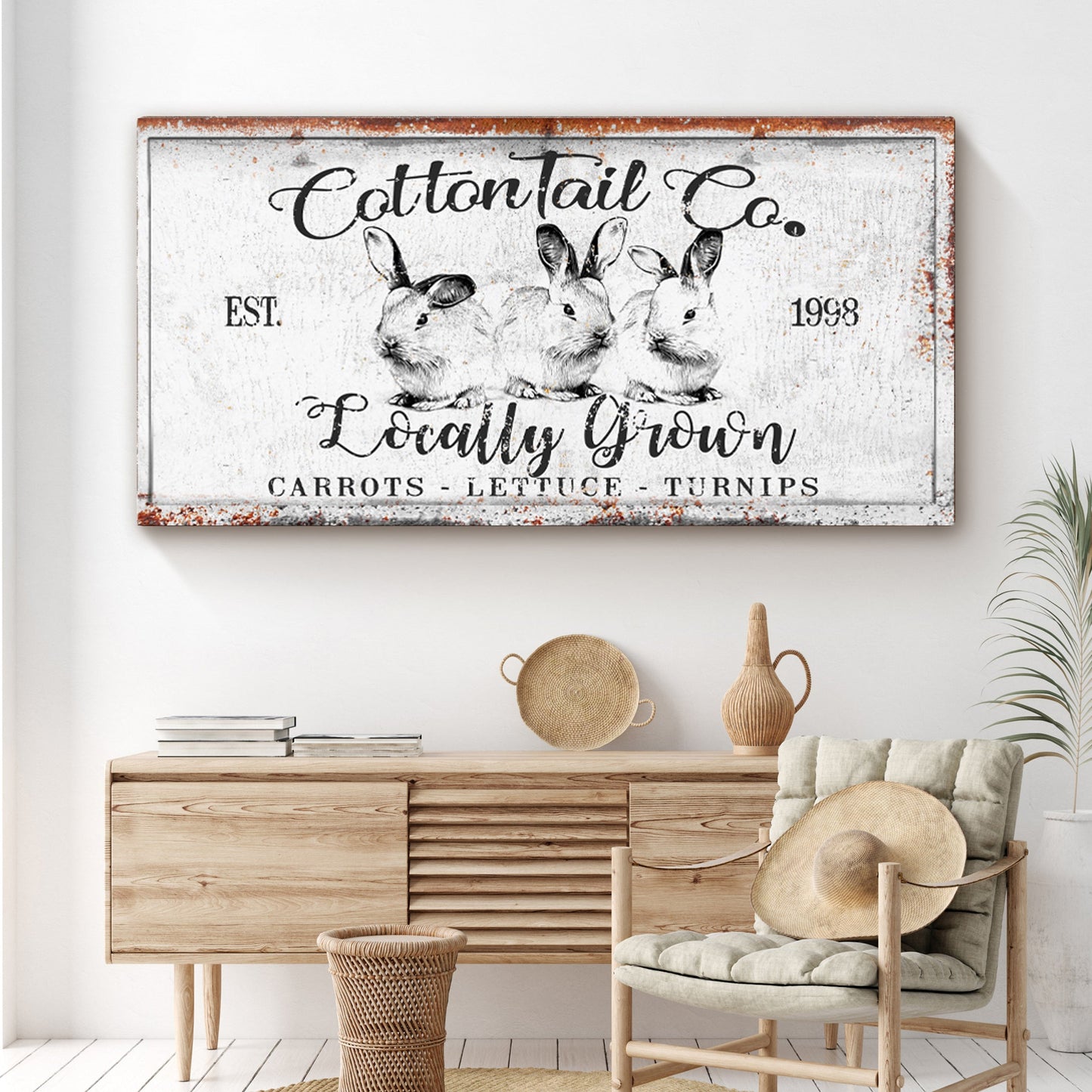 Tailored Canvases Cottontail Co Easter Sign III canvas with three rabbits, rusty edges on Tampa Home & Garden Store