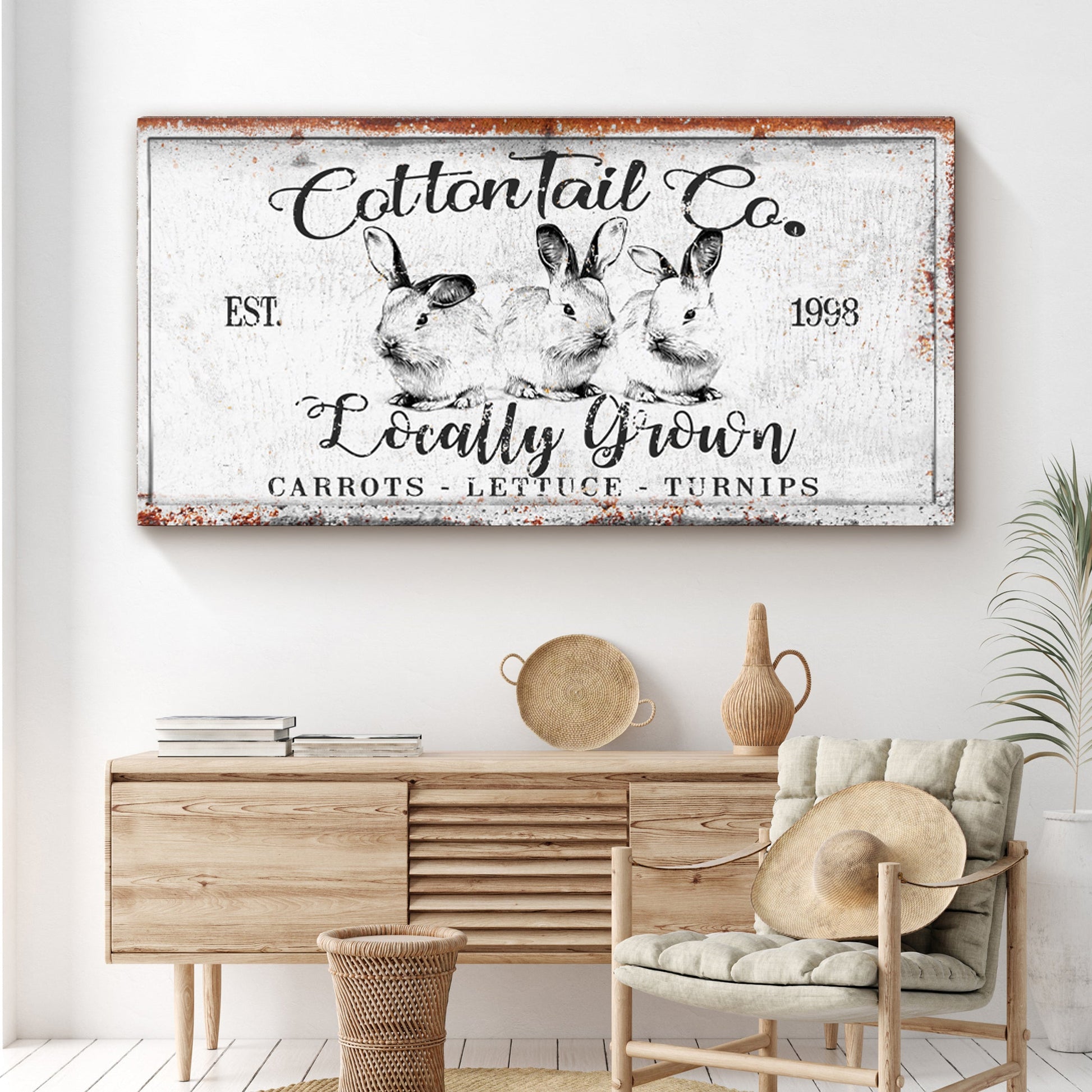 Tailored Canvases Cottontail Co Easter Sign III canvas with three rabbits, rusty edges on Tampa Home & Garden Store