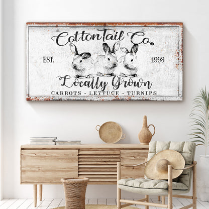 Tailored Canvases Cottontail Co Easter Sign III canvas with three rabbits, rusty edges on Tampa Home & Garden Store