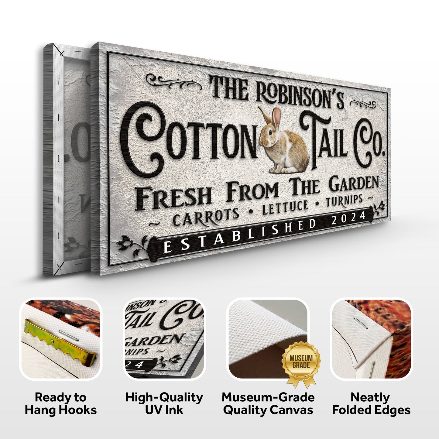 Canvas sign Vintage Cottontail Co Easter with bunny on gray background Tailored Canvases on Tampa Home & Garden Store