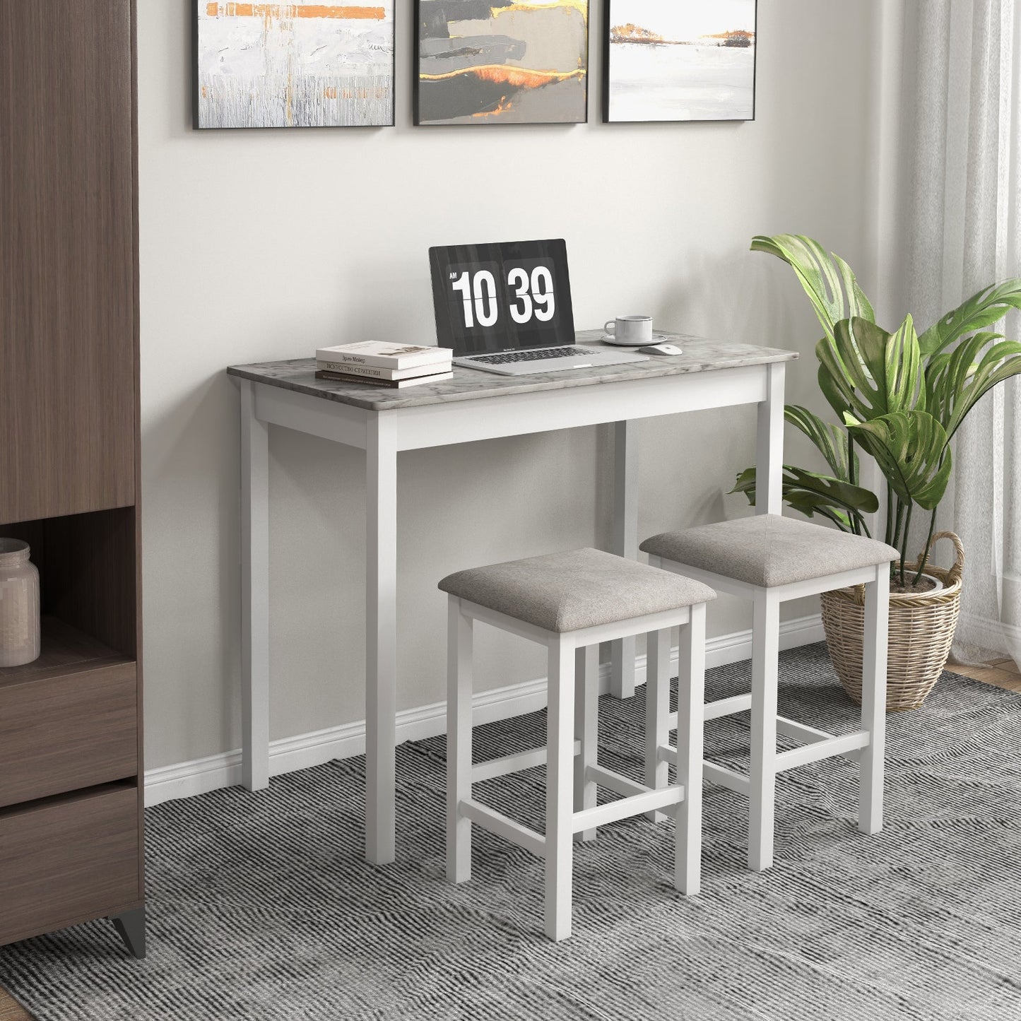 Juego de mesa de bar de 3 piezas, mesa de comedor y 2 taburetes de bar - Blanco