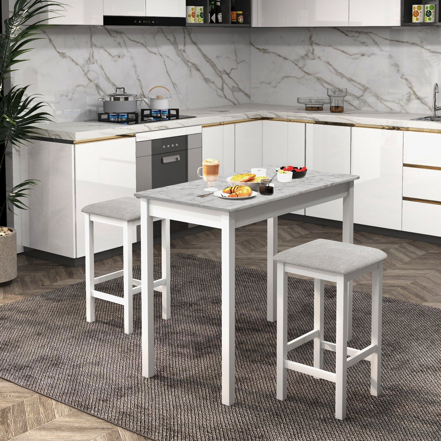 Juego de mesa de bar de 3 piezas, mesa de comedor y 2 taburetes de bar - Blanco