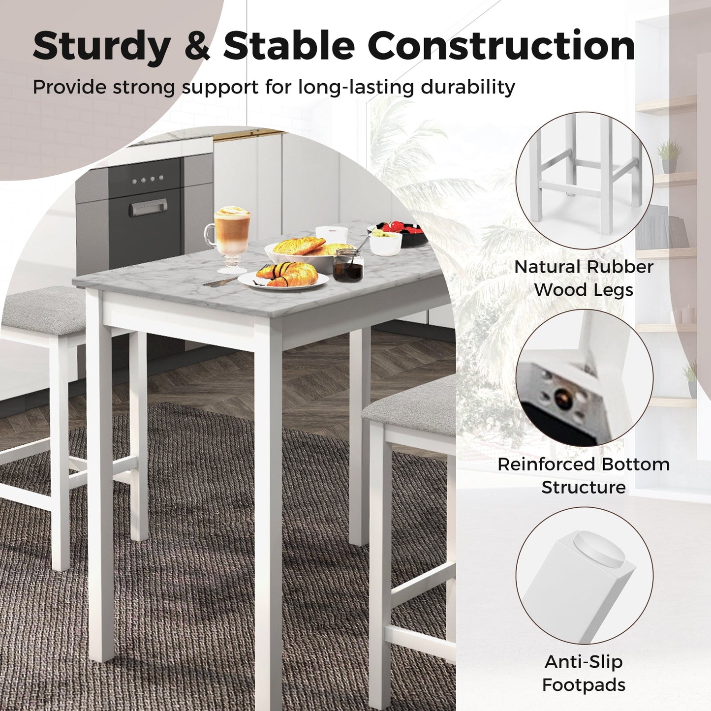 Juego de mesa de bar de 3 piezas, mesa de comedor y 2 taburetes de bar - Blanco