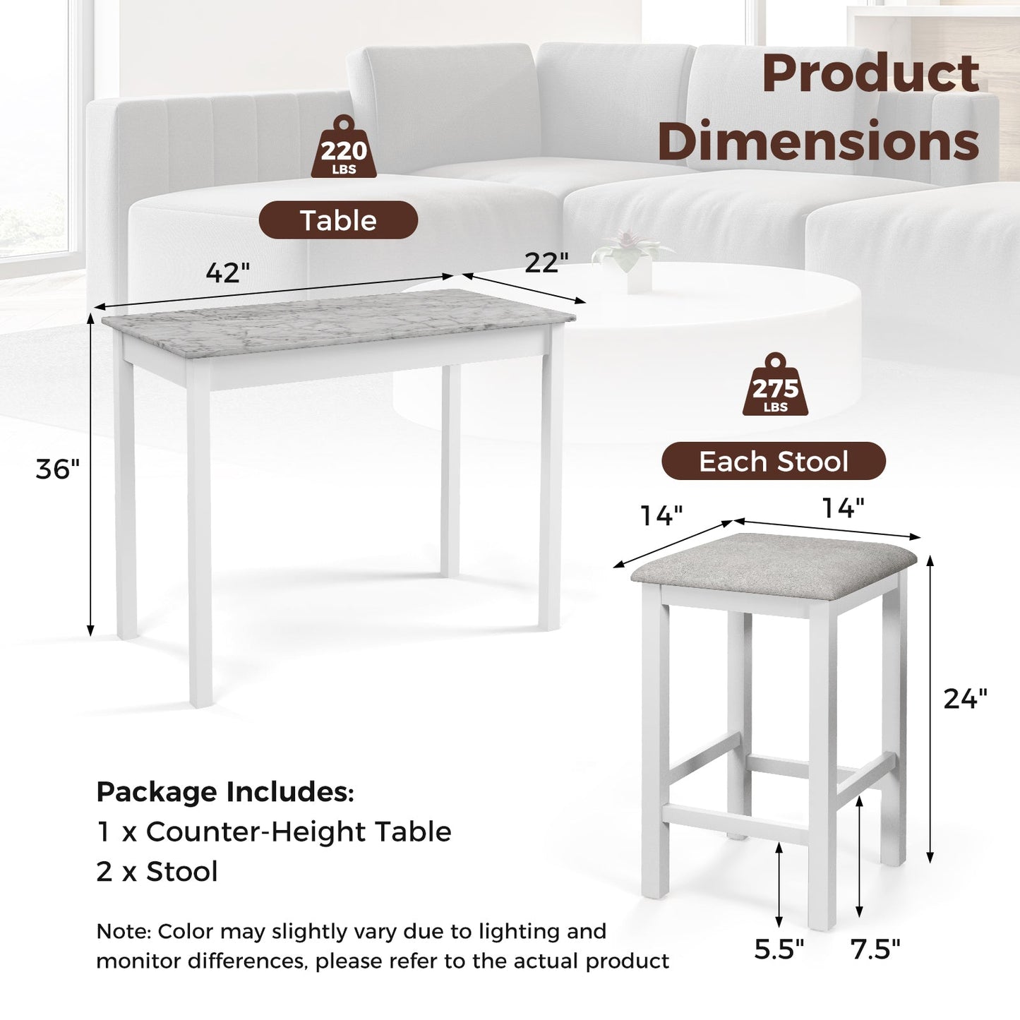 Juego de mesa de bar de 3 piezas, mesa de comedor y 2 taburetes de bar - Blanco