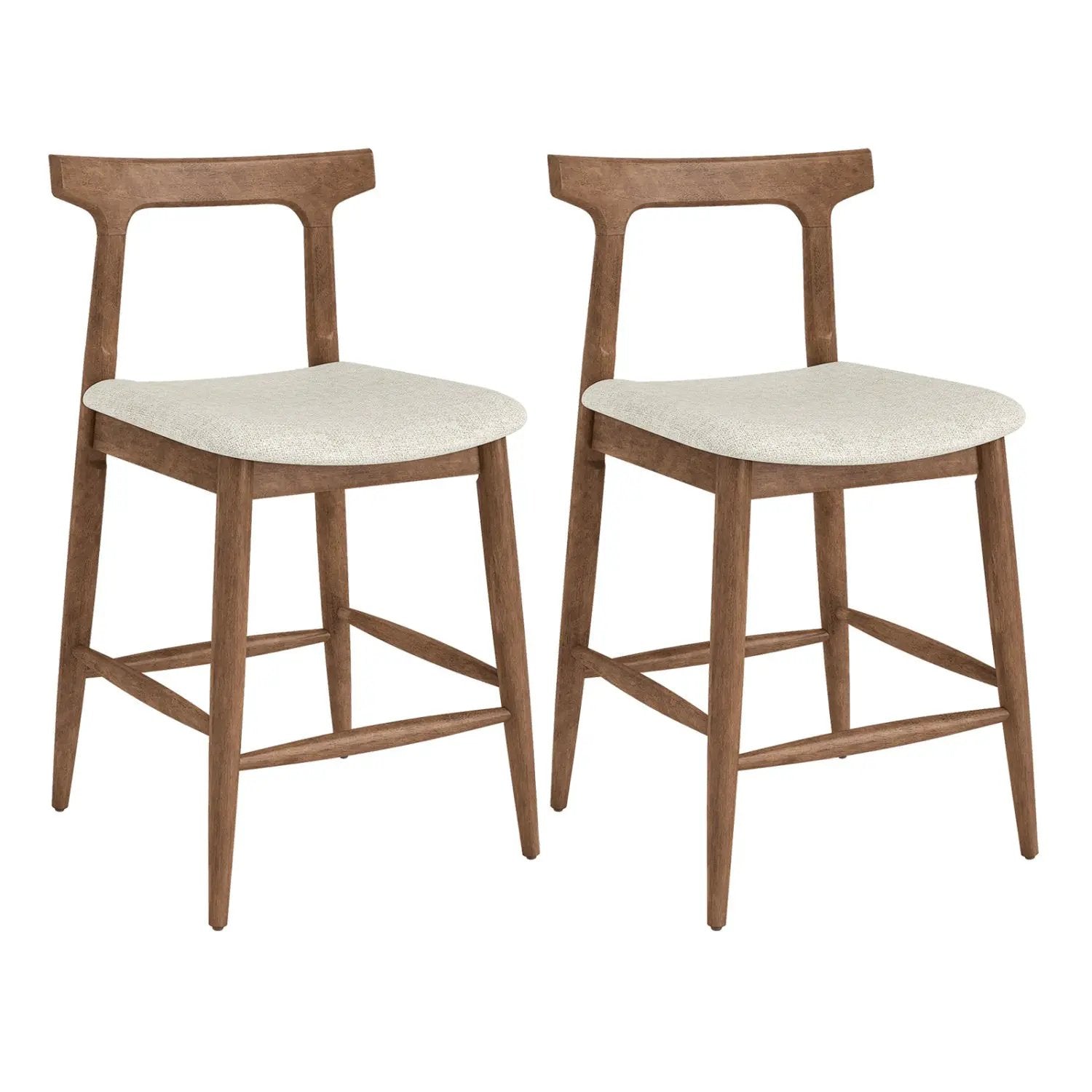 Counter height bar stools pair, 24in, solid wood with curved backs and beige upholstered seats on Tampa Home & Garden Store