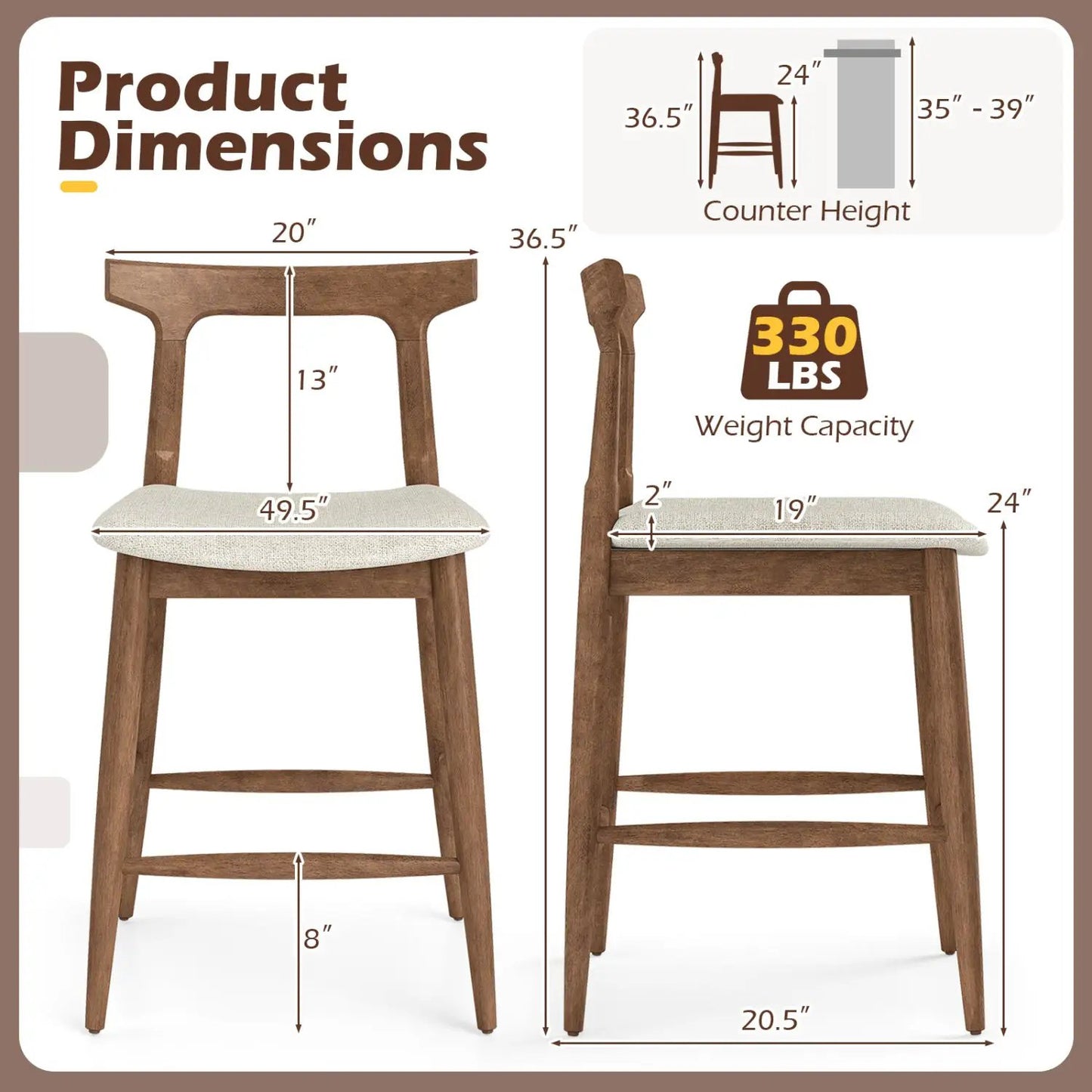 DirectDeals counter height bar stools, solid wood with curved backs, beige fabric seats, pair on Tampa Home & Garden Store