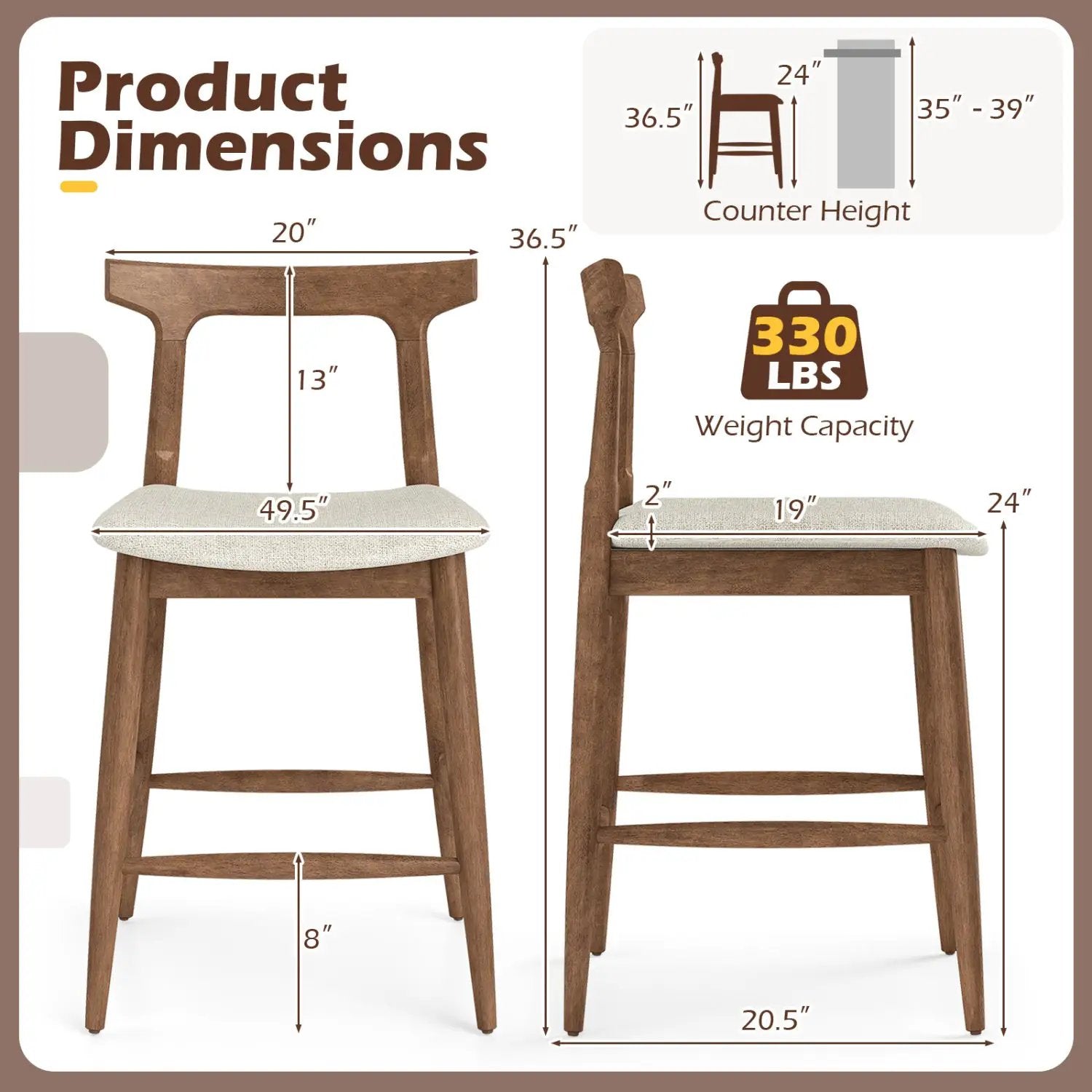 DirectDeals counter height bar stools, solid wood with curved backs, beige fabric seats, pair on Tampa Home & Garden Store